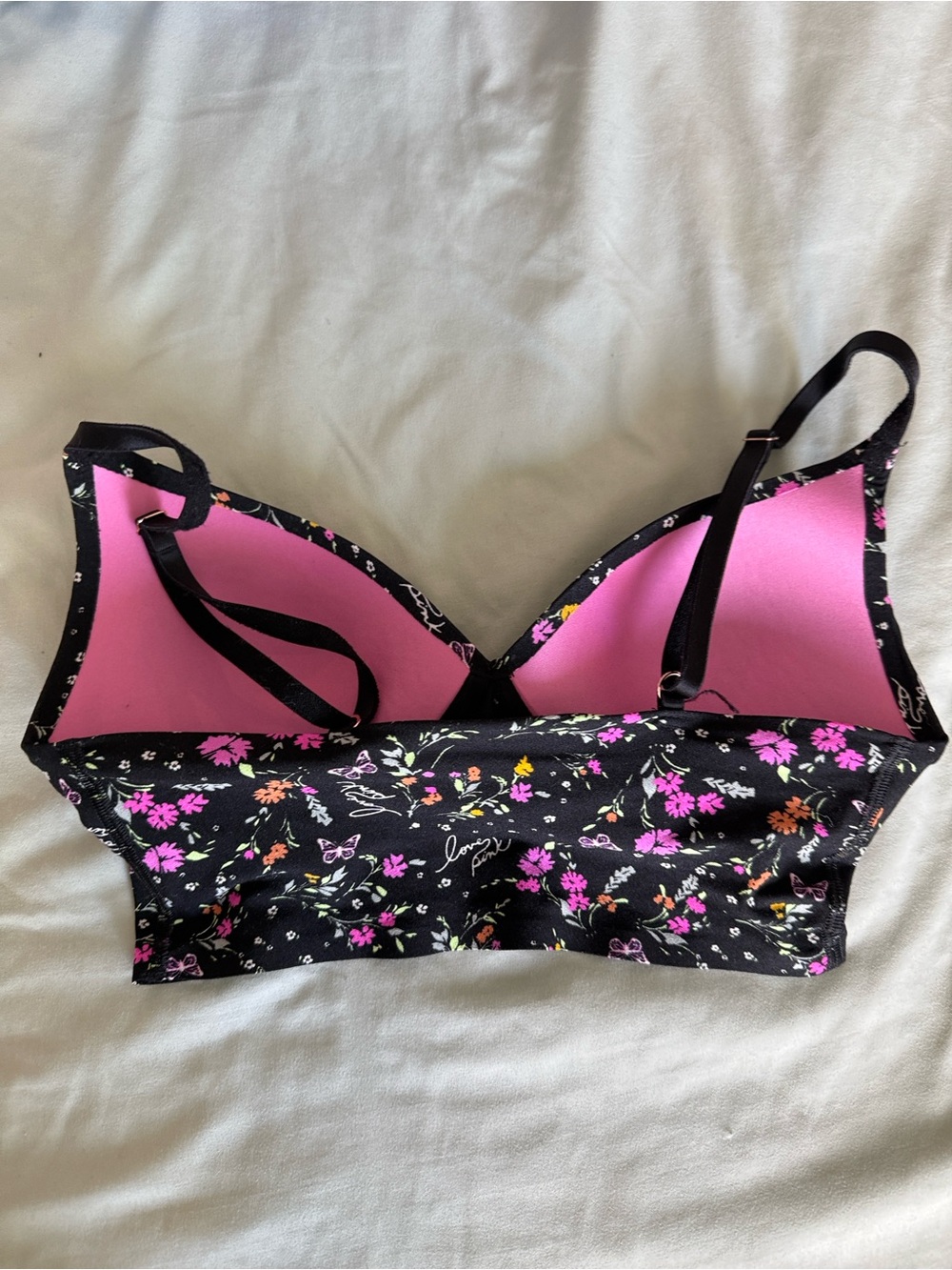 PINK Victoria's Secret Black Floral Wireless Bralette with Pink Yellow Flowers S - Picture 2 of 4